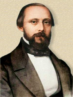 Photo of Rudolf Virchow, head and shoulders, facing front. Original b/w colorized with help of palette.fm