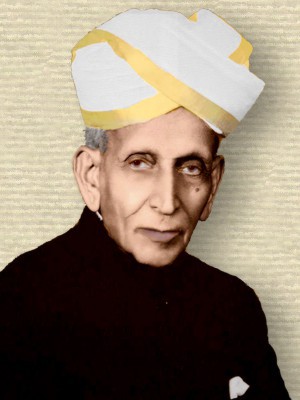 Photo of Mokshagundam Visvesvaraya, head and shoulders, facing forward, colorized, from Visvesvaraya National Memorial Trust