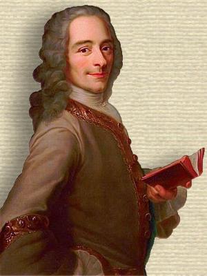 Portrait of Voltaire, upper body, facing forward, standing, holding open book