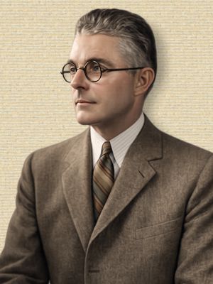 John B. Watson, upper body, facing half-left. Original b/w colorized with A.I. ChatGTP(260420)