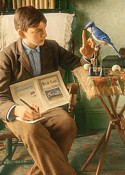 Wetmore age 15, seated beside table w/bird. Bird Lore magazine on lap, making notes. Orig b/w colorized sora A.I. (251121)