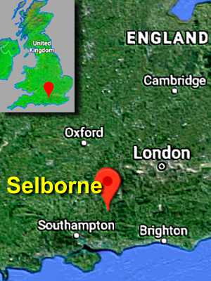 Google map of southern England with map pin showing Selborne very roughly equidistant to London, Southampton and Brighton.