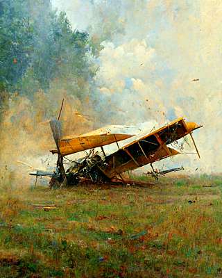 Artistic impression representing 1908 aeroplane crash on ground, nose first, broken wings in a field. Imagined by A.I. software