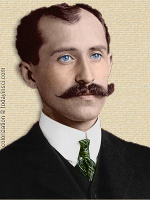 Photo of Orville Wright, head and shoulders, facing forward, colorization © todayinsci.com