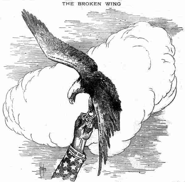 b/w line drawing An eagle rests on an upheld arm. One wing is broken, hanging limply down (Orville) and the other wing outspread