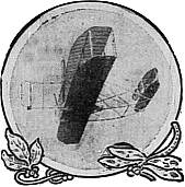 Orville Wright airplane, in flight, filling a circular crop frame, b/w