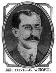 Photo of Orville Wright, face looking slightly right, b/w, cropped in oval triple-line frame
