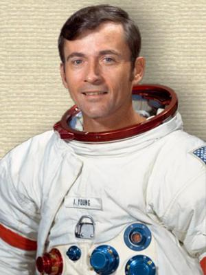 Studio photo of John Watts Young in space flight suit, upper body, facing forwards