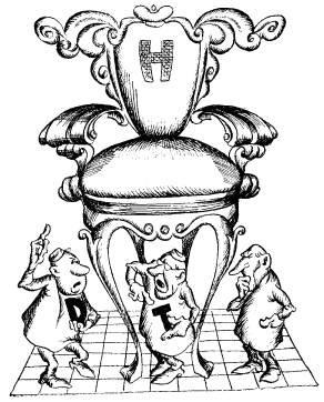 Cartoon showing a throne with H on it, and small characters labelled D and T arguing under it