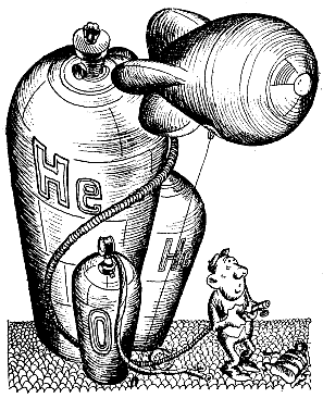Cartoon of He, H and O compressed gas cylinders, with a dirigible floating over them