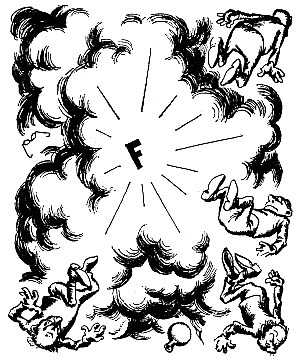 Cartoon of a cloud of fluorine from an experiment that exploded, sending chemists flying