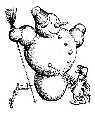 Cartoon of a man holding a thermometer against a large snowman
