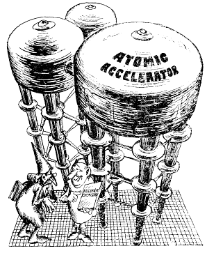 Cartoon of a scientist showing a book titled Nuclear chemistry to a wizard character. They are standing below tall columns of insulators topped by metal spheres labelled Atomic Accelerator.