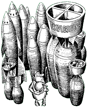 Cartoon of  a chemist cradling a flask in his arms, surrounded by numerous aerial bombs standing vertically with one tail fin clearly marked Explosives
